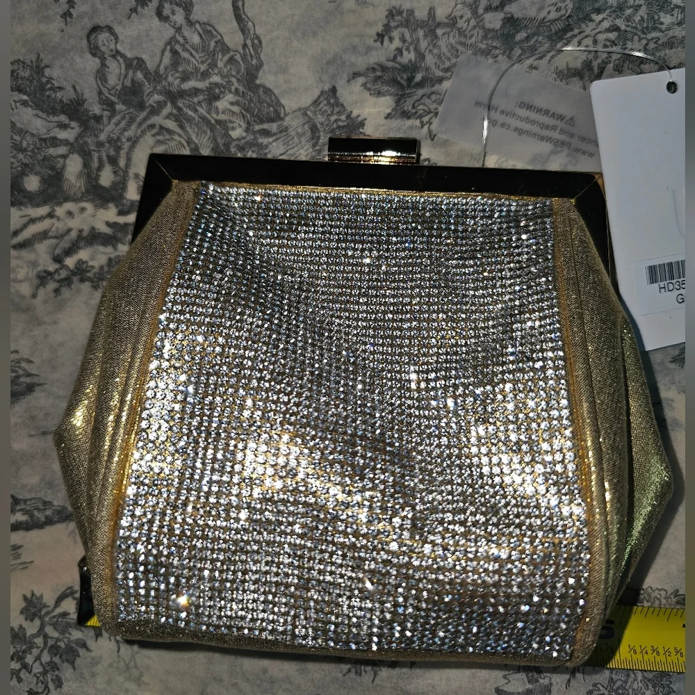 NWT Gold Rhinestone Evening Clutch Black Frame Chain Strap Sparkly Prom Wedding - Picture 11 of 12